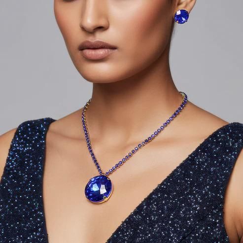 Gold Plated Blue Crystal Necklace & Earring Set
